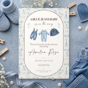 Blue Jean Baby Shower Invitation | Denim Theme, Editable Canva Template (Digital Download) image 1
