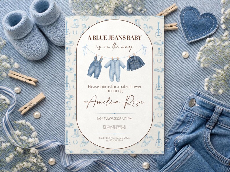 Blue Jean Baby Shower Invitation | Denim Theme, Editable Canva Template (Digital Download) image 1