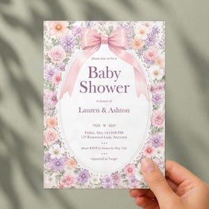 Floral Bow Baby Shower Invitation, Editable Canva Template, Pink Bow Girl Baby Shower Invite, Ditsy Wildflower Lace Oval, Instant Download image 2