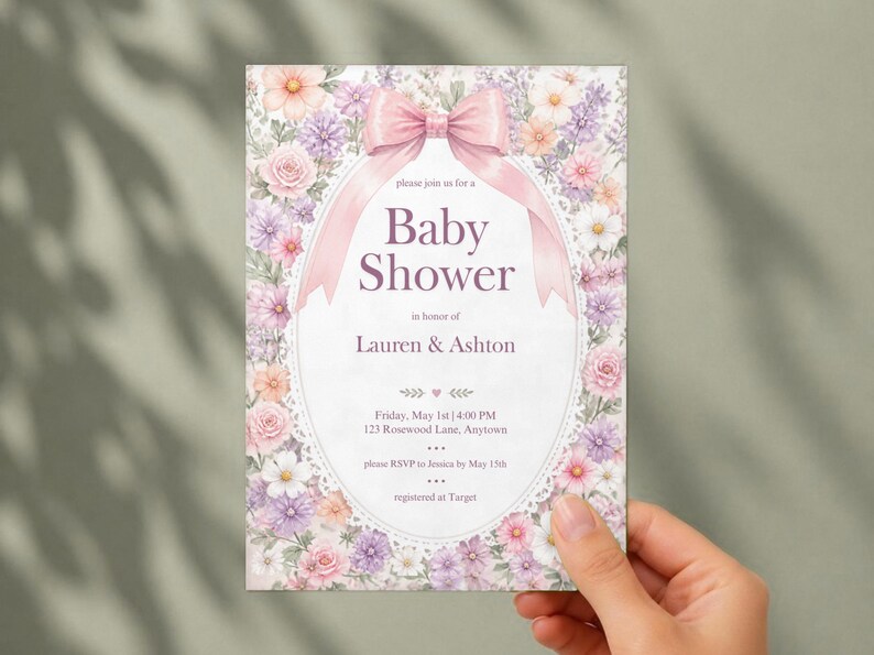 Floral Bow Baby Shower Invitation, Editable Canva Template, Pink Bow Girl Baby Shower Invite, Ditsy Wildflower Lace Oval, Instant Download image 2