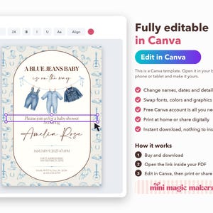 Blue Jean Baby Shower Invitation | Denim Theme, Editable Canva Template (Digital Download) image 3