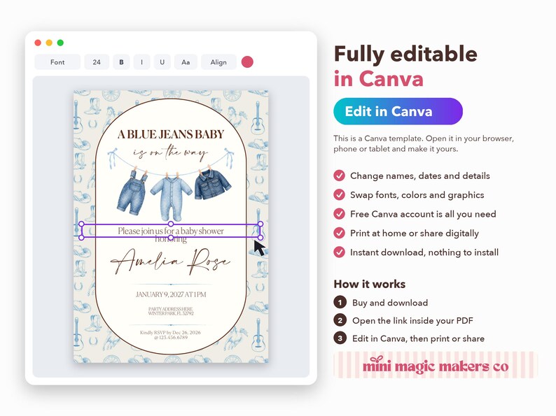 Blue Jean Baby Shower Invitation | Denim Theme, Editable Canva Template (Digital Download) image 3