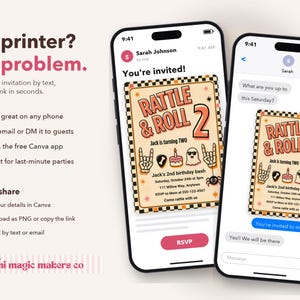 Puede incluir: Dos tel&eacute;fonos inteligentes muestran una invitaci&oacute;n de cumplea&ntilde;os digital titulada Rattle & Roll 2 para el segundo cumplea&ntilde;os de Jack. La invitaci&oacute;n presenta un borde a cuadros, manos de esqueleto, un fantasma, un pastel y una ara&ntilde;a.