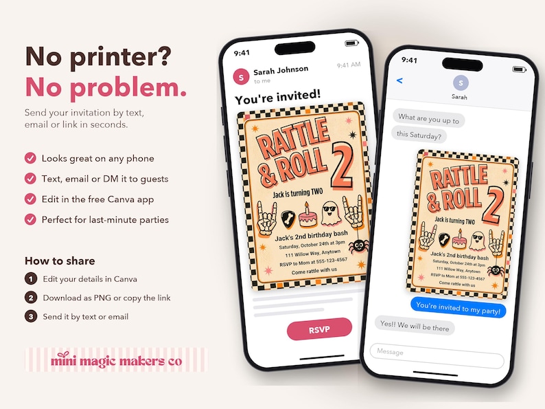 Puede incluir: Dos tel&eacute;fonos inteligentes muestran una invitaci&oacute;n de cumplea&ntilde;os digital titulada Rattle & Roll 2 para el segundo cumplea&ntilde;os de Jack. La invitaci&oacute;n presenta un borde a cuadros, manos de esqueleto, un fantasma, un pastel y una ara&ntilde;a.