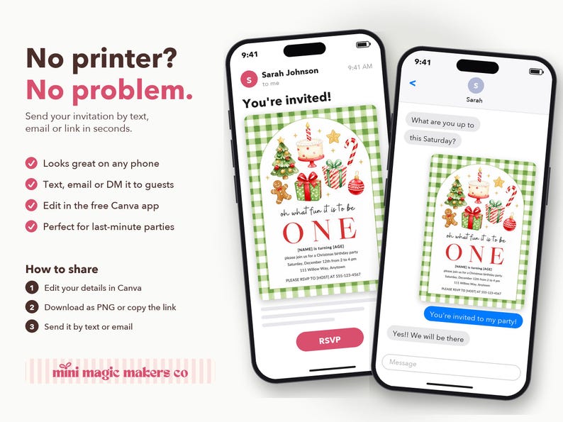 May include: Two smartphones display a digital Christmas-themed first birthday invitation featuring a green gingham background, a decorated tree, a cake, and gifts. The text reads: No printer? No problem. You're invited! Oh what fun it is to be ONE.