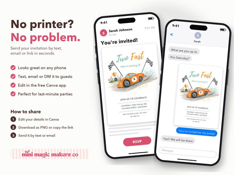 May include: Two smartphones display a digital birthday invitation featuring an orange race car, checkered flags, and the text Two Fast Max is turning 2. The screen shows an email interface and a text message conversation with an RSVP button.