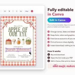 May include: A digital baby shower invitation template featuring a red and white gingham border, the text "Baby, you're the APPLE OF OUR EYE", illustrations of apples, a bonnet, a bottle, and a basket, with editable fields for Sarah Johnson.