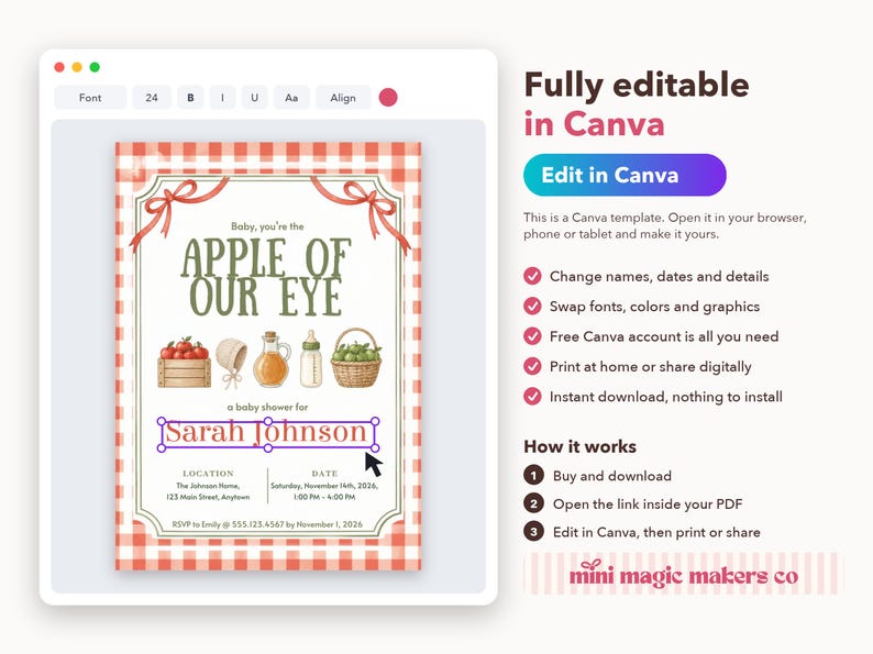 May include: A digital baby shower invitation template featuring a red and white gingham border, the text "Baby, you're the APPLE OF OUR EYE", illustrations of apples, a bonnet, a bottle, and a basket, with editable fields for Sarah Johnson.