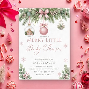 Merry Little Baby Shower Invitation, Editable Canva Template, Christmas Baby Shower Invite, Pink Ornament Winter Shower, Instant Download image 1