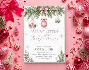 Merry Little Baby Shower Invitation, Editable Canva Template, Christmas Baby Shower Invite, Pink Ornament Winter Shower, Instant Download