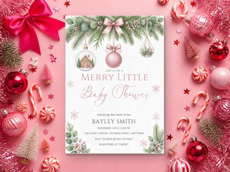 Merry Little Baby Shower Invitation, Editable Canva Template, Christmas Baby Shower Invite, Pink Ornament Winter Shower, Instant Download image 1