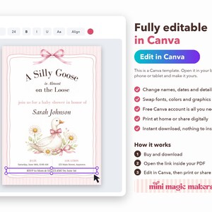 Silly Goose Baby Shower Invitation, Editable Canva Template, Sage Gingham Goose Shower Invite, Silly Goose on the Loose, Instant Download image 3