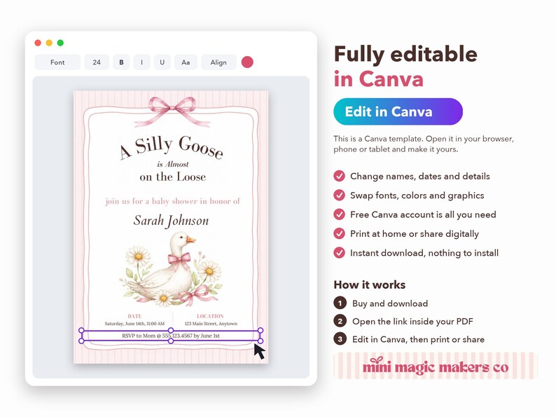 Silly Goose Baby Shower Invitation, Editable Canva Template, Sage Gingham Goose Shower Invite, Silly Goose on the Loose, Instant Download image 3