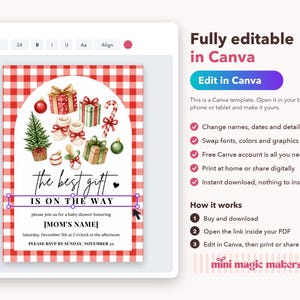 May include: A digital baby shower invitation template featuring a red and white buffalo plaid border, watercolor Christmas-themed illustrations, and the text: the best gift IS ON THE WAY, please join us for a baby shower honoring [MOM'S NAME].