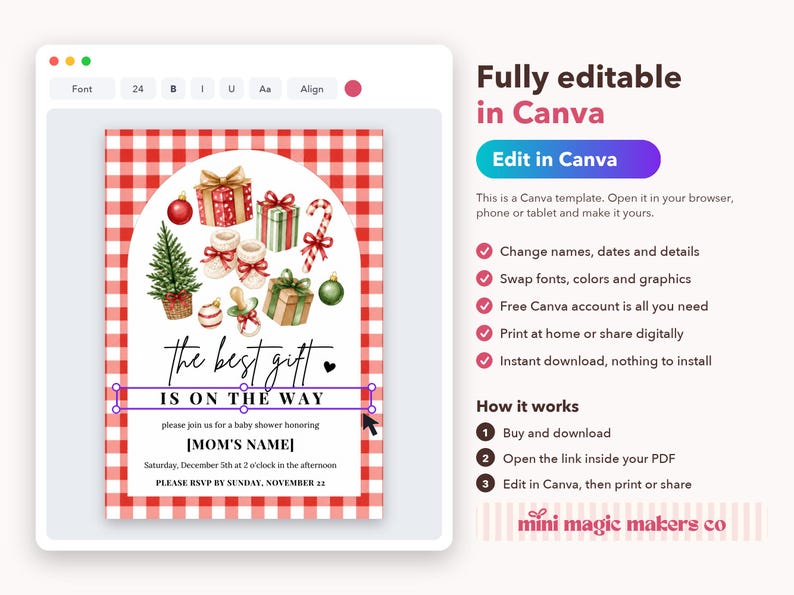 May include: A digital baby shower invitation template featuring a red and white buffalo plaid border, watercolor Christmas-themed illustrations, and the text: the best gift IS ON THE WAY, please join us for a baby shower honoring [MOM'S NAME].