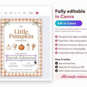 May include: A digital baby shower invitation template featuring an orange and white gingham border. The text reads Our Little Pumpkin is almost here, Sarah Johnson, and includes illustrations of a pumpkin, baby bonnet, bottle, and wheat.