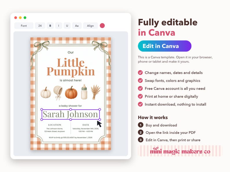May include: A digital baby shower invitation template featuring an orange and white gingham border. The text reads Our Little Pumpkin is almost here, Sarah Johnson, and includes illustrations of a pumpkin, baby bonnet, bottle, and wheat.