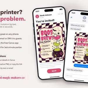 Pu&ograve; includere: Due smartphone mostrano un invito digitale per una festa di Halloween intitolato Boos & Brews Girls' Night Out. L'invito presenta un bordo a scacchi bianco e nero, un cocktail rosa, una bevanda verde e un calderone nero con fantasmi.