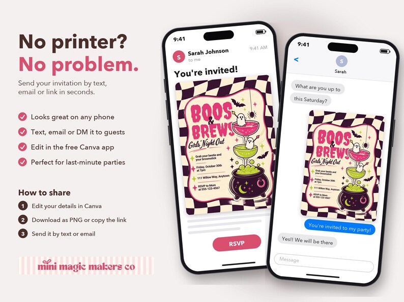 Pu&ograve; includere: Due smartphone mostrano un invito digitale per una festa di Halloween intitolato Boos & Brews Girls' Night Out. L'invito presenta un bordo a scacchi bianco e nero, un cocktail rosa, una bevanda verde e un calderone nero con fantasmi.