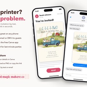 Puede incluir: Dos tel&eacute;fonos inteligentes muestran una invitaci&oacute;n de cumplea&ntilde;os digital con una camioneta azul que transporta animales de granja, un granero rojo y el texto E-I-E-I-TWO Max is turning two. Las pantallas muestran interfaces de mensajes.