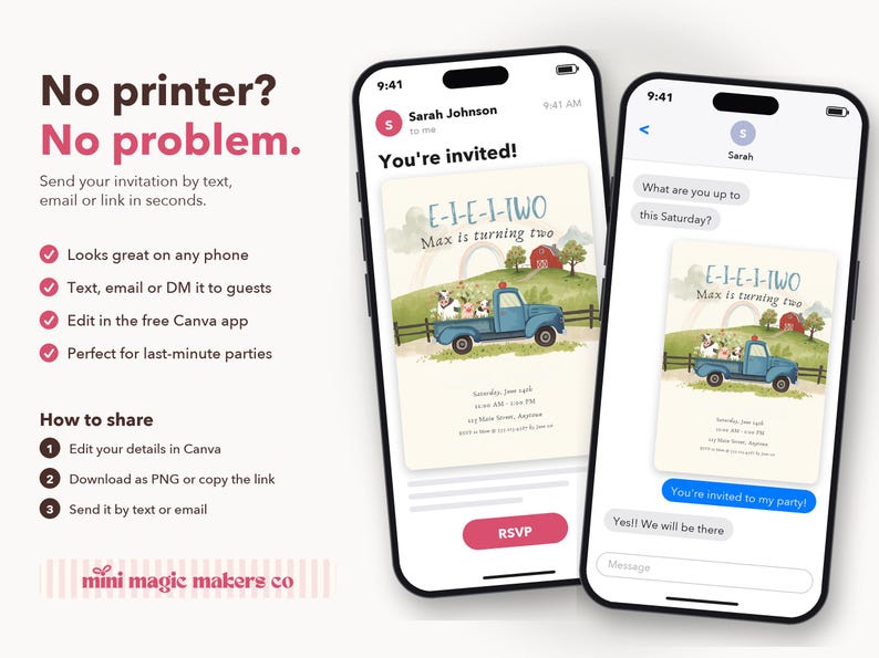 Puede incluir: Dos tel&eacute;fonos inteligentes muestran una invitaci&oacute;n de cumplea&ntilde;os digital con una camioneta azul que transporta animales de granja, un granero rojo y el texto E-I-E-I-TWO Max is turning two. Las pantallas muestran interfaces de mensajes.