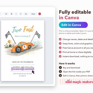 May include: A digital birthday invitation template featuring an orange race car with the number two, checkered flags, and a gold trophy. The text reads Two Fast, Max is turning 2, and includes placeholders for date, time, location, and RSVP details.