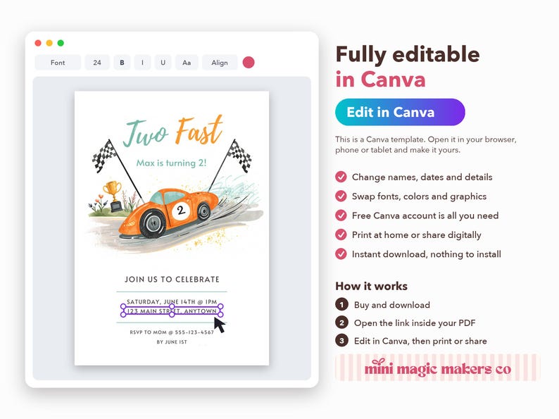 May include: A digital birthday invitation template featuring an orange race car with the number two, checkered flags, and a gold trophy. The text reads Two Fast, Max is turning 2, and includes placeholders for date, time, location, and RSVP details.