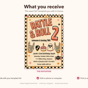 Invitación de cumpleaños número 2 con temática de "Rattle and Roll" y fiesta de Halloween con estampado retro a cuadros (plantilla editable de Canva). imagen 3
