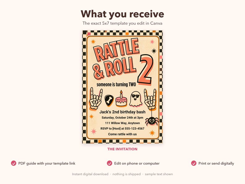 Invitación de cumpleaños número 2 con temática de "Rattle and Roll" y fiesta de Halloween con estampado retro a cuadros (plantilla editable de Canva). imagen 3