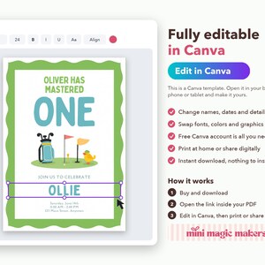 May include: A digital invitation template featuring a golf theme with a green scalloped border. The text reads OLIVER HAS MASTERED ONE and OLLIE. Graphics include a golf bag, flags, and a bird. The interface shows editing tools for Canva.