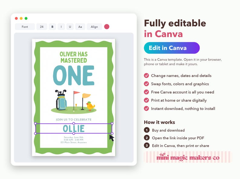 May include: A digital invitation template featuring a golf theme with a green scalloped border. The text reads OLIVER HAS MASTERED ONE and OLLIE. Graphics include a golf bag, flags, and a bird. The interface shows editing tools for Canva.
