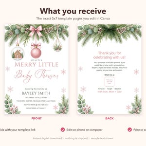 Merry Little Baby Shower Invitation, Editable Canva Template, Christmas Baby Shower Invite, Pink Ornament Winter Shower, Instant Download image 6