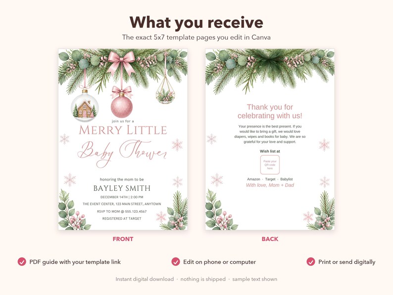 Merry Little Baby Shower Invitation, Editable Canva Template, Christmas Baby Shower Invite, Pink Ornament Winter Shower, Instant Download image 6