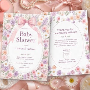 Floral Bow Baby Shower Invitation, Editable Canva Template, Pink Bow Girl Baby Shower Invite, Ditsy Wildflower Lace Oval, Instant Download image 6