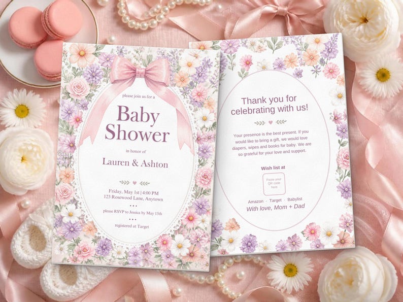 Floral Bow Baby Shower Invitation, Editable Canva Template, Pink Bow Girl Baby Shower Invite, Ditsy Wildflower Lace Oval, Instant Download image 6