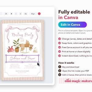 May include: A digital invitation template for a Nesting Party featuring watercolor illustrations of a baby bassinet, a potted plant, a teddy bear, and a pink dress. The text includes Nesting Party, Sabrina and Trevor, and event details.