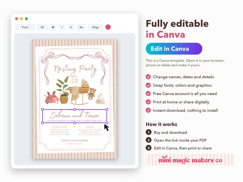 May include: A digital invitation template for a Nesting Party featuring watercolor illustrations of a baby bassinet, a potted plant, a teddy bear, and a pink dress. The text includes Nesting Party, Sabrina and Trevor, and event details.