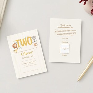 May include: A two-piece birthday invitation set featuring a cream-colored card with jungle animal illustrations, the word TWO in gold, and the name Oliver. The second card includes thank you text and a placeholder for a QR code.