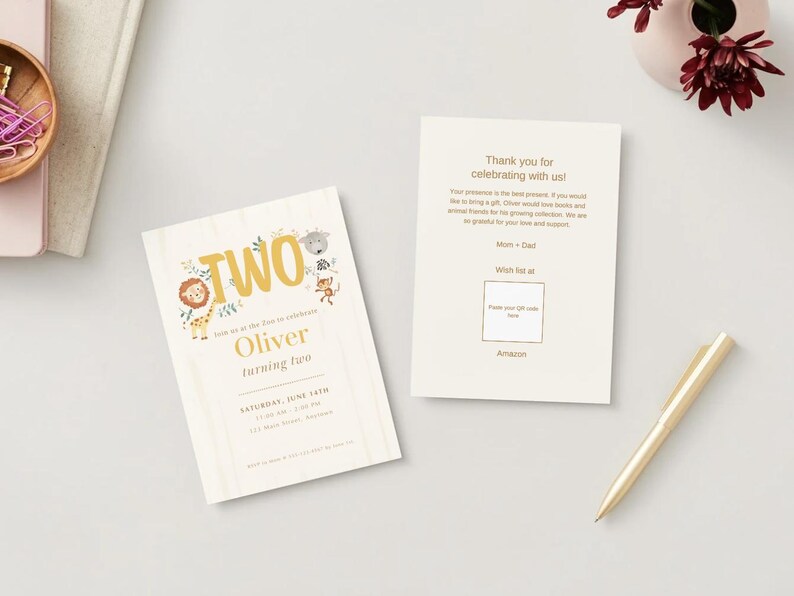 May include: A two-piece birthday invitation set featuring a cream-colored card with jungle animal illustrations, the word TWO in gold, and the name Oliver. The second card includes thank you text and a placeholder for a QR code.