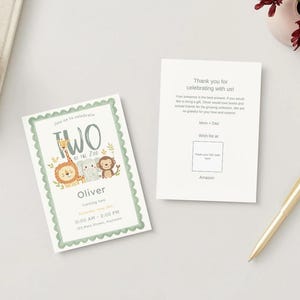 May include: Two rectangular birthday invitation cards with a scalloped sage green border. The front features illustrations of a giraffe, lion, elephant, and monkey with the text Two at the Zoo, Oliver, and event details. The back includes thank you text.