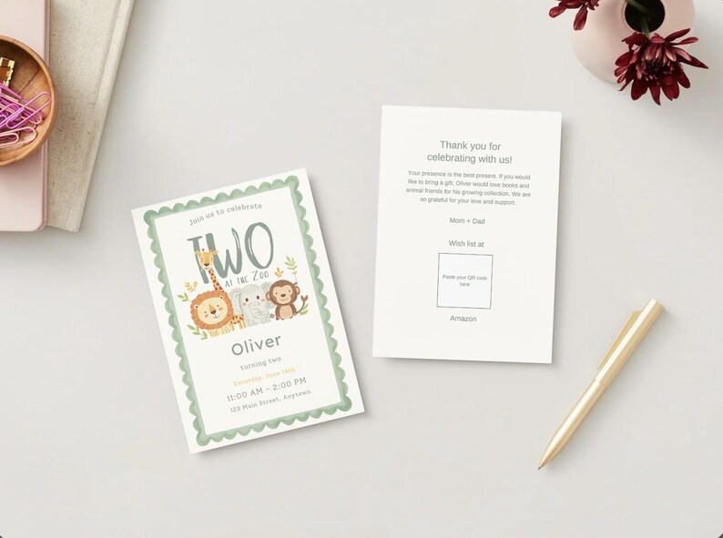 May include: Two rectangular birthday invitation cards with a scalloped sage green border. The front features illustrations of a giraffe, lion, elephant, and monkey with the text Two at the Zoo, Oliver, and event details. The back includes thank you text.