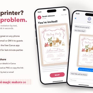 May include: Two smartphones displaying a digital baby shower invitation titled Nesting Party. The invitation features a pink bow, a wooden cradle, a teddy bear, and a potted plant. The text includes names Sabrina and Trevor and event details.