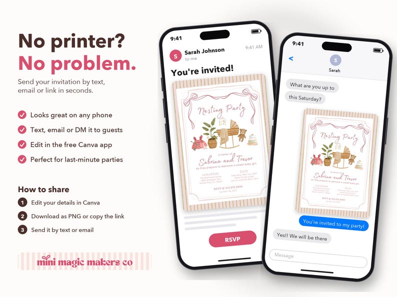 May include: Two smartphones displaying a digital baby shower invitation titled Nesting Party. The invitation features a pink bow, a wooden cradle, a teddy bear, and a potted plant. The text includes names Sabrina and Trevor and event details.