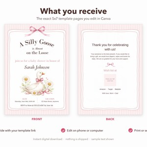 Silly Goose Baby Shower Invitation, Editable Canva Template, Sage Gingham Goose Shower Invite, Silly Goose on the Loose, Instant Download image 6
