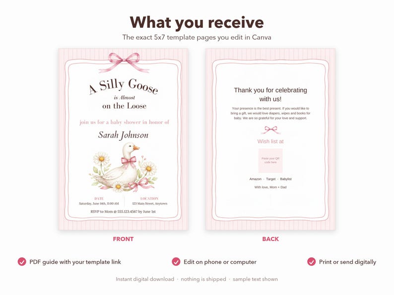 Silly Goose Baby Shower Invitation, Editable Canva Template, Sage Gingham Goose Shower Invite, Silly Goose on the Loose, Instant Download image 6