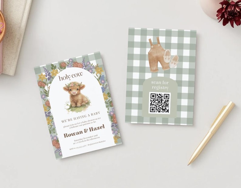May include: Two rectangular cards with a sage green and white gingham pattern. The left card features a watercolor highland cow, floral arch, and text reading holy cow, we're having a baby, Rowan & Hazel. The right card displays baby overalls and a QR code.