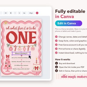 May include: A digital birthday invitation template featuring a pink background with a scalloped border. The text reads oh what fun it is to be ONE, Eliana is turning 1, Join us for a Christmas birthday party, Saturday, December 12th, 2 to 4 pm, 111 Willow Way, Anytown, RSVP to Mom at 555-123-4567. Graphics include ornaments, a tree, and a cake.