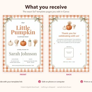 Editable Canva Little Pumpkin Baby Shower Invitation, Terracotta Gingham, Fall Theme (Digital Download) image 3