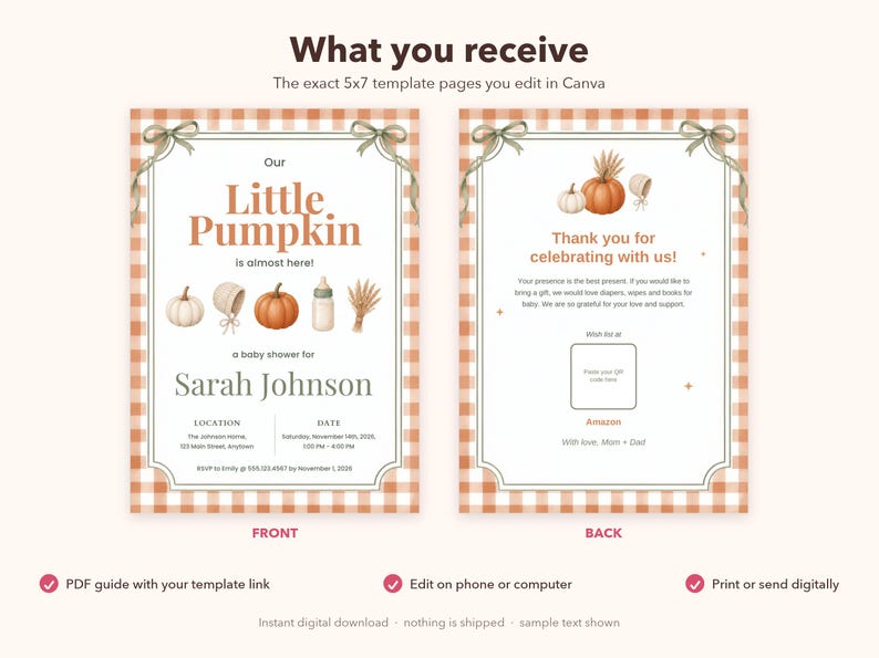 Editable Canva Little Pumpkin Baby Shower Invitation, Terracotta Gingham, Fall Theme (Digital Download) image 3