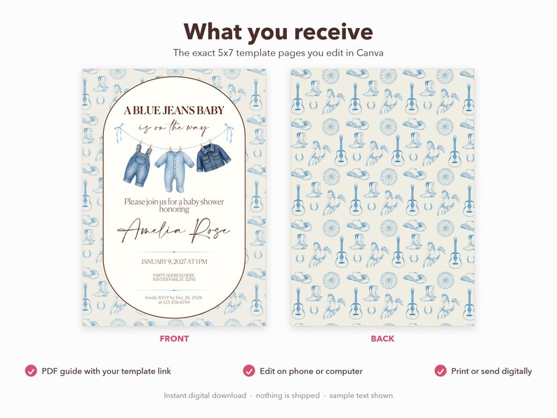 Blue Jean Baby Shower Invitation | Denim Theme, Editable Canva Template (Digital Download) image 6